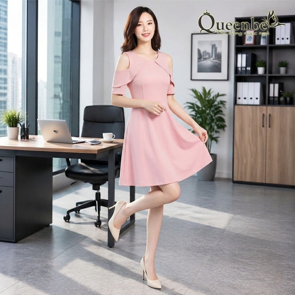 Váy đầm xòe công sở hở vai Queenbe GLV054