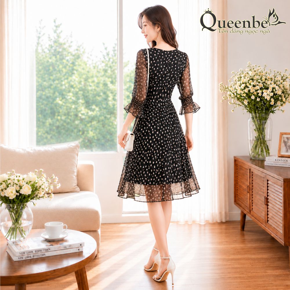 Váy đầm xòe tay lỡ cổ v tay bo chun Queenbe GLV037 lụa chiffon
