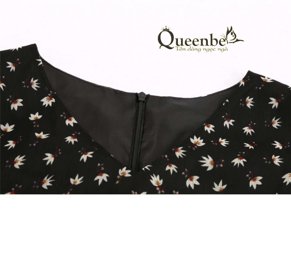Váy đầm xòe tay lỡ cổ v tay bo chun Queenbe GLV037 lụa chiffon