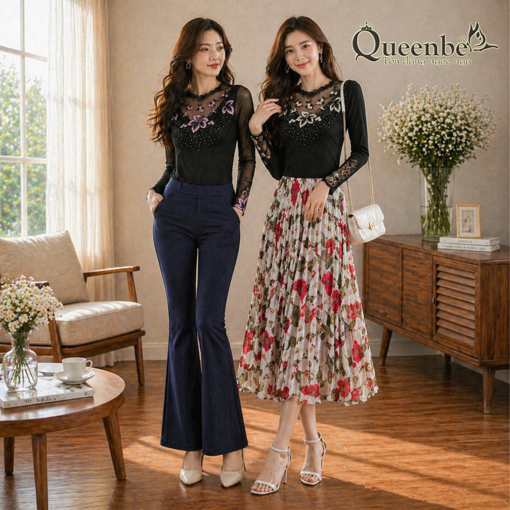 áo thun nữ thêu ren lưới dài tay có big size Queenbe GLA283