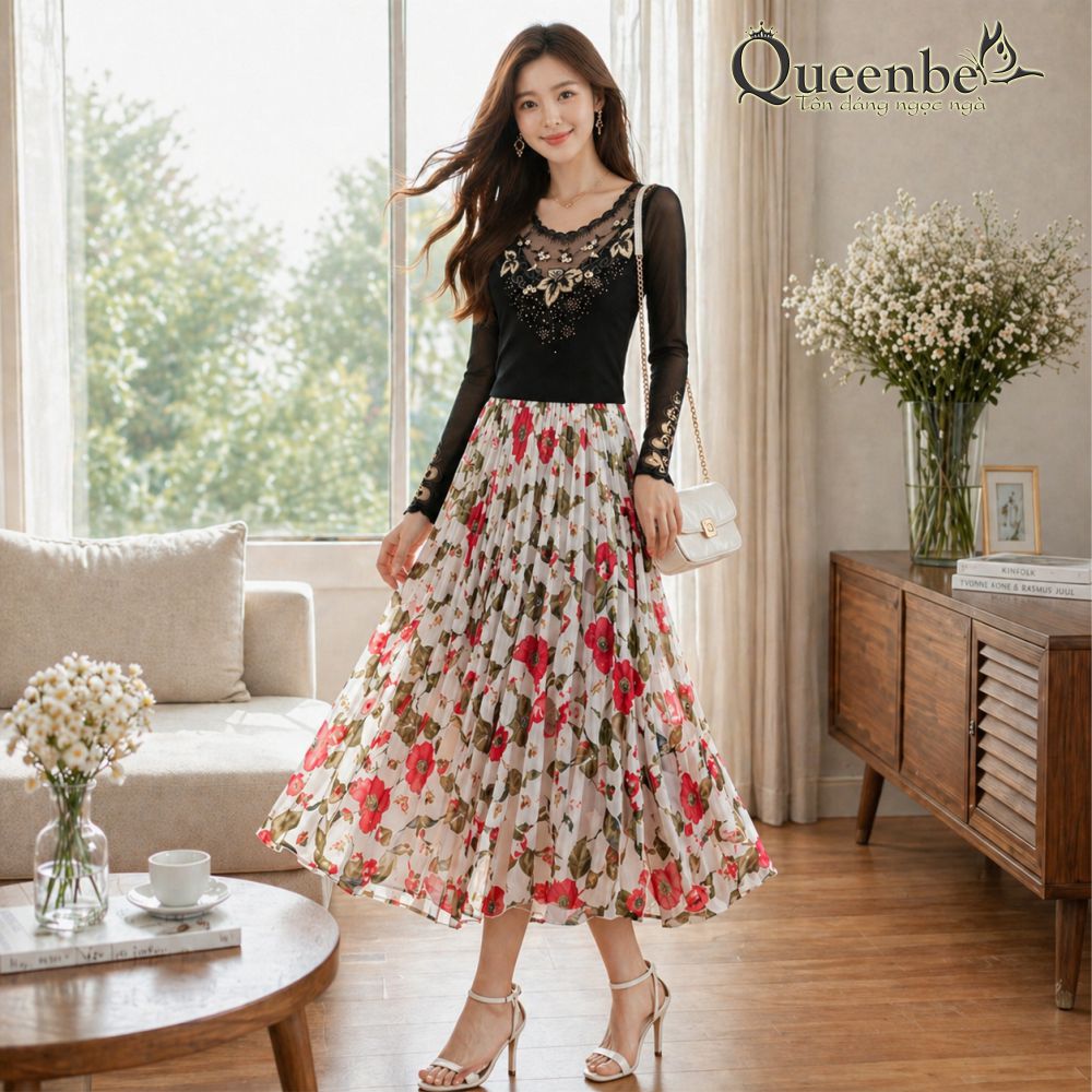 áo thun nữ thêu ren lưới dài tay có big size Queenbe GLA283