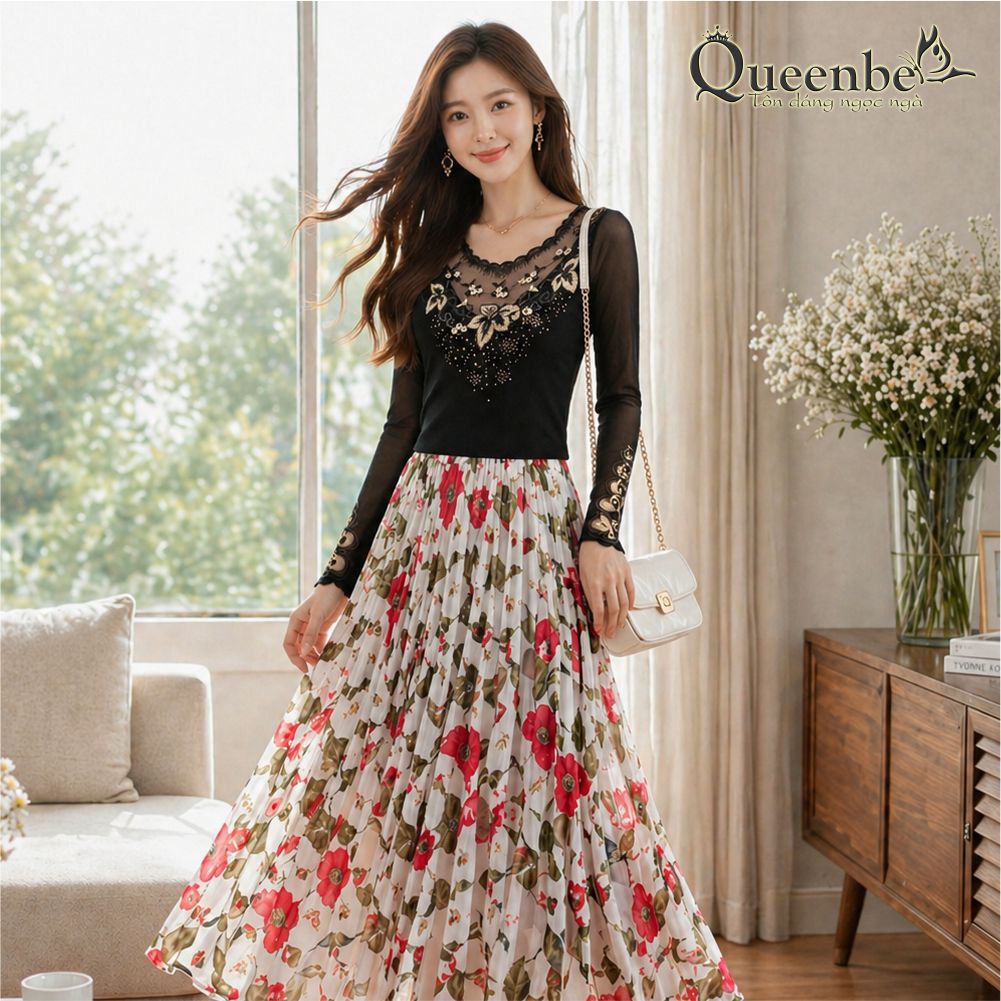 áo thun nữ thêu ren lưới dài tay có big size Queenbe GLA283