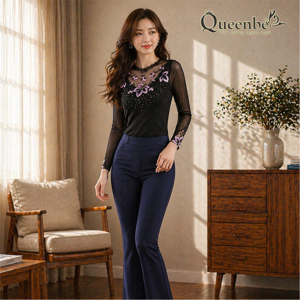 áo thun nữ thêu ren lưới dài tay có big size Queenbe GLA283