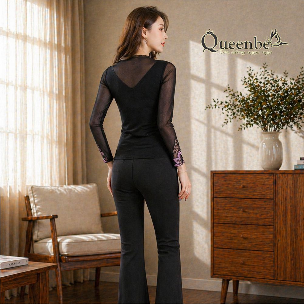 áo thun nữ thêu ren lưới dài tay có big size Queenbe GLA283