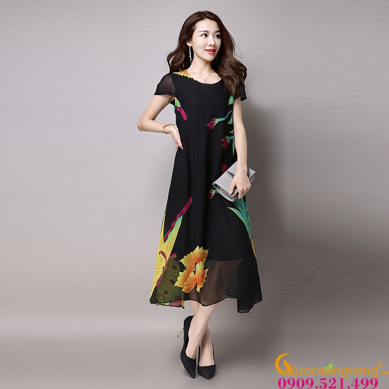 Đầm suông hoa viền đen cổ thắt nơ KK100-14 | Thời trang công sở K&K Fashion