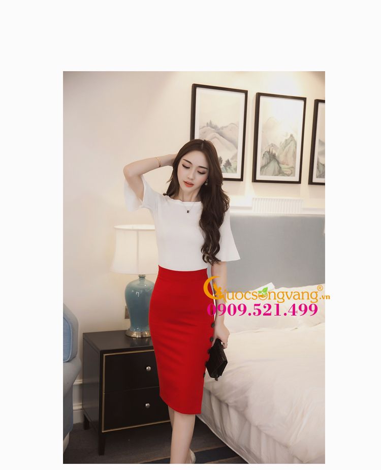 SET ÁO CHIFFON TAY PHỒNG - CHÂN VÁY BÚT CHÌ HOA HỒNG