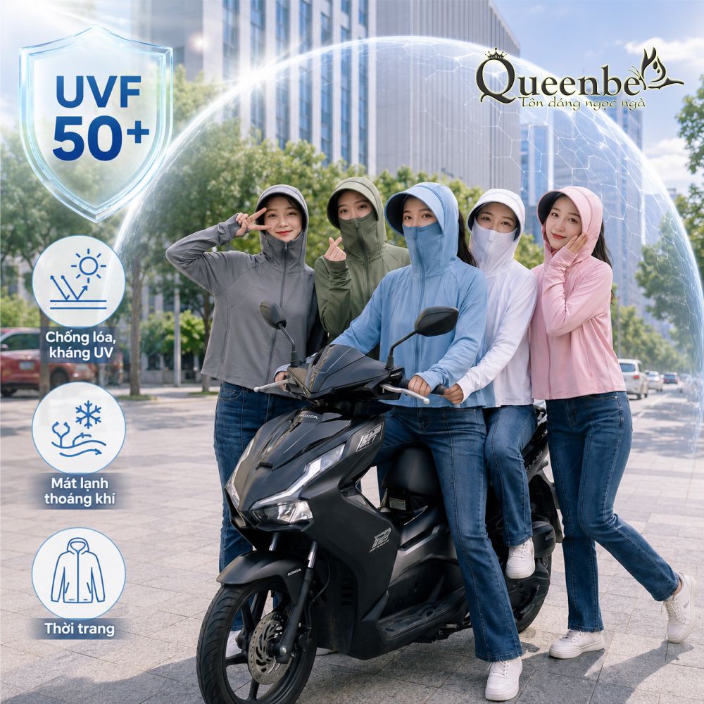 Áo chống nắng nữ đi xe máy Queenbe GLA332 chống UV50 liền nón, che mặt, che mu bàn tay, vành chống chói 1.jpg