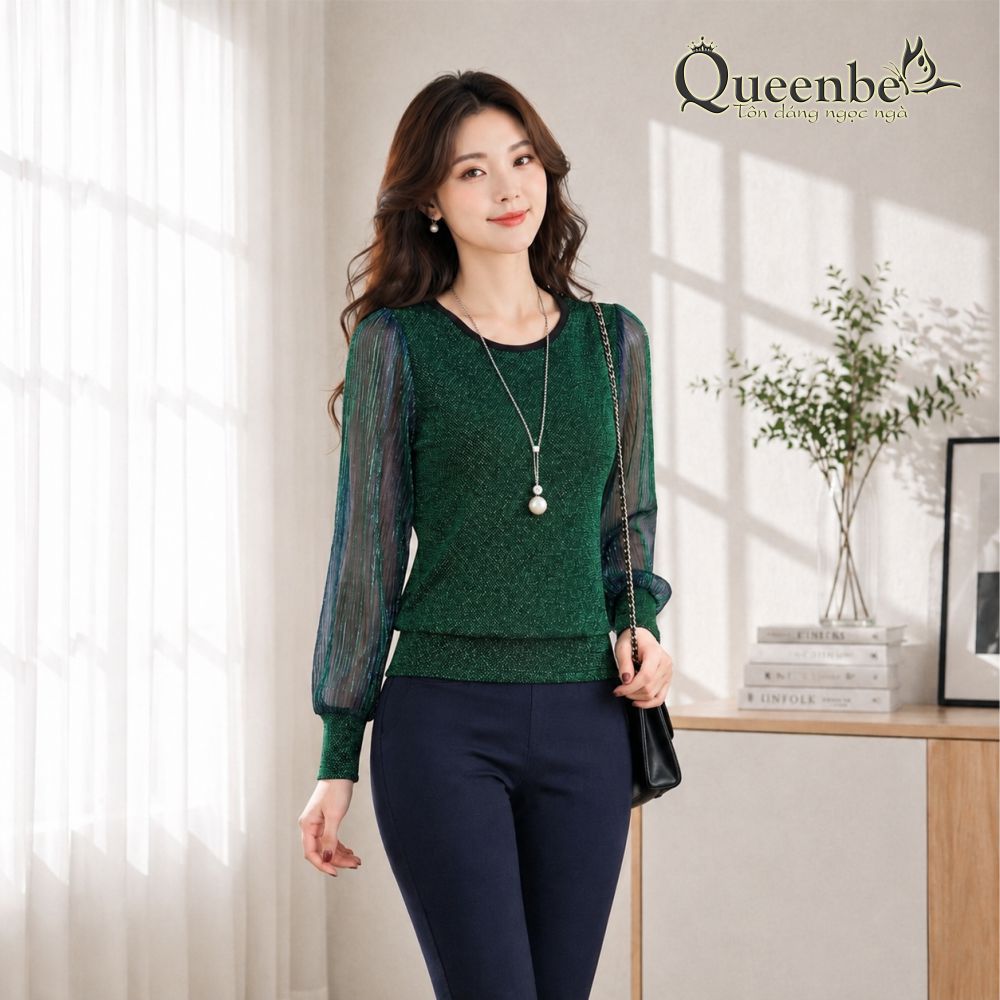 Áo thun nữ lưới mềm dài tay đính kim sa Queenbe GLA106 4.jpg