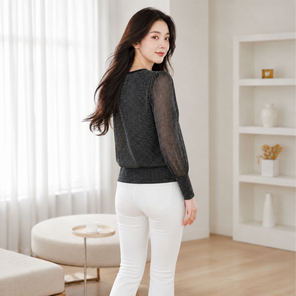 Áo thun nữ lưới mềm dài tay đính kim sa Queenbe GLA106 6.jpg