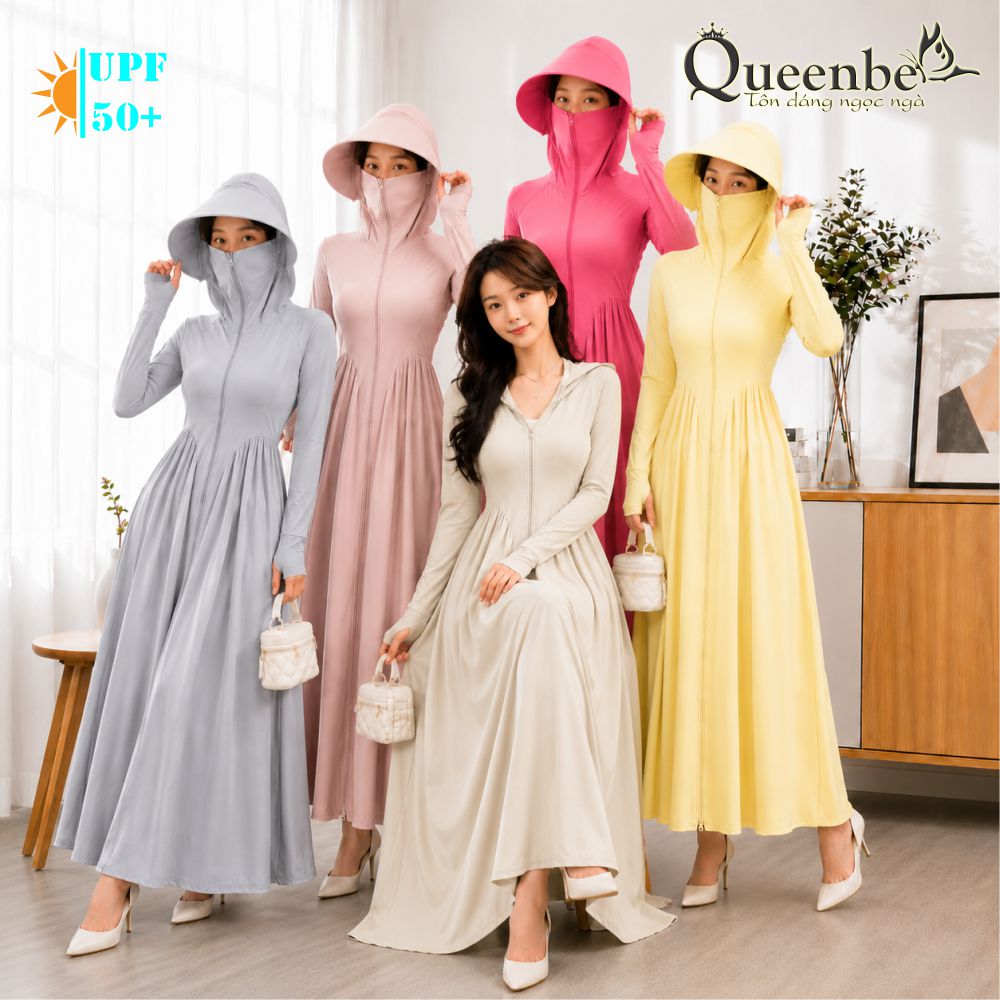 Váy chống nắng dài chống UVF50 liền nón và khẩu trang Queenbe GLSET046 vải polyester lụa cách nhiệt chống nóng kháng UV 1 1.jpg