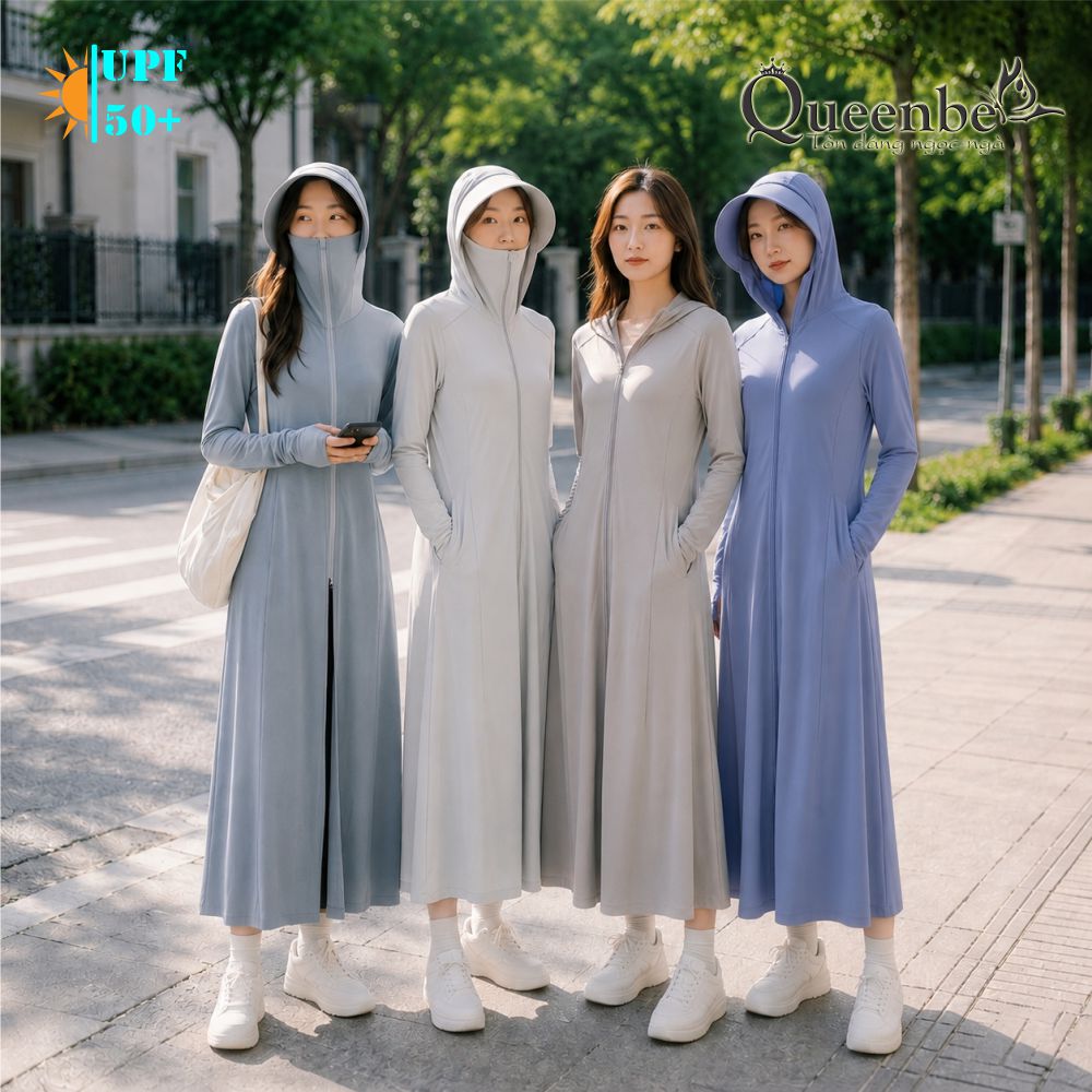 Váy chống nắng dài chống UVF50 liền nón và khẩu trang Queenbe GLSET046 vải polyester lụa cách nhiệt chống nóng kháng UV 1 2.jpg