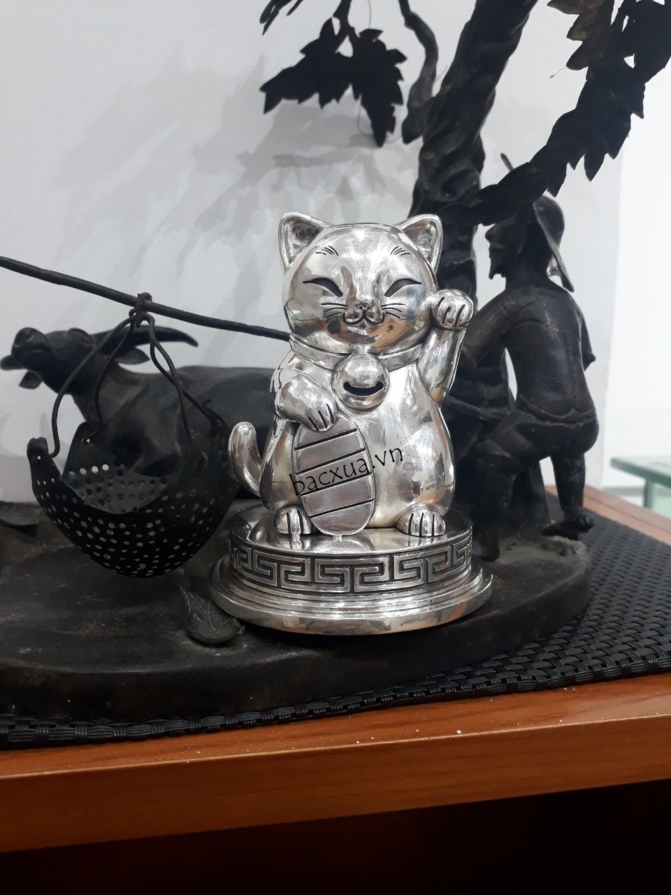 Mèo thần tài Maneki Neko bạc nguyên chất 99 cao 10cm