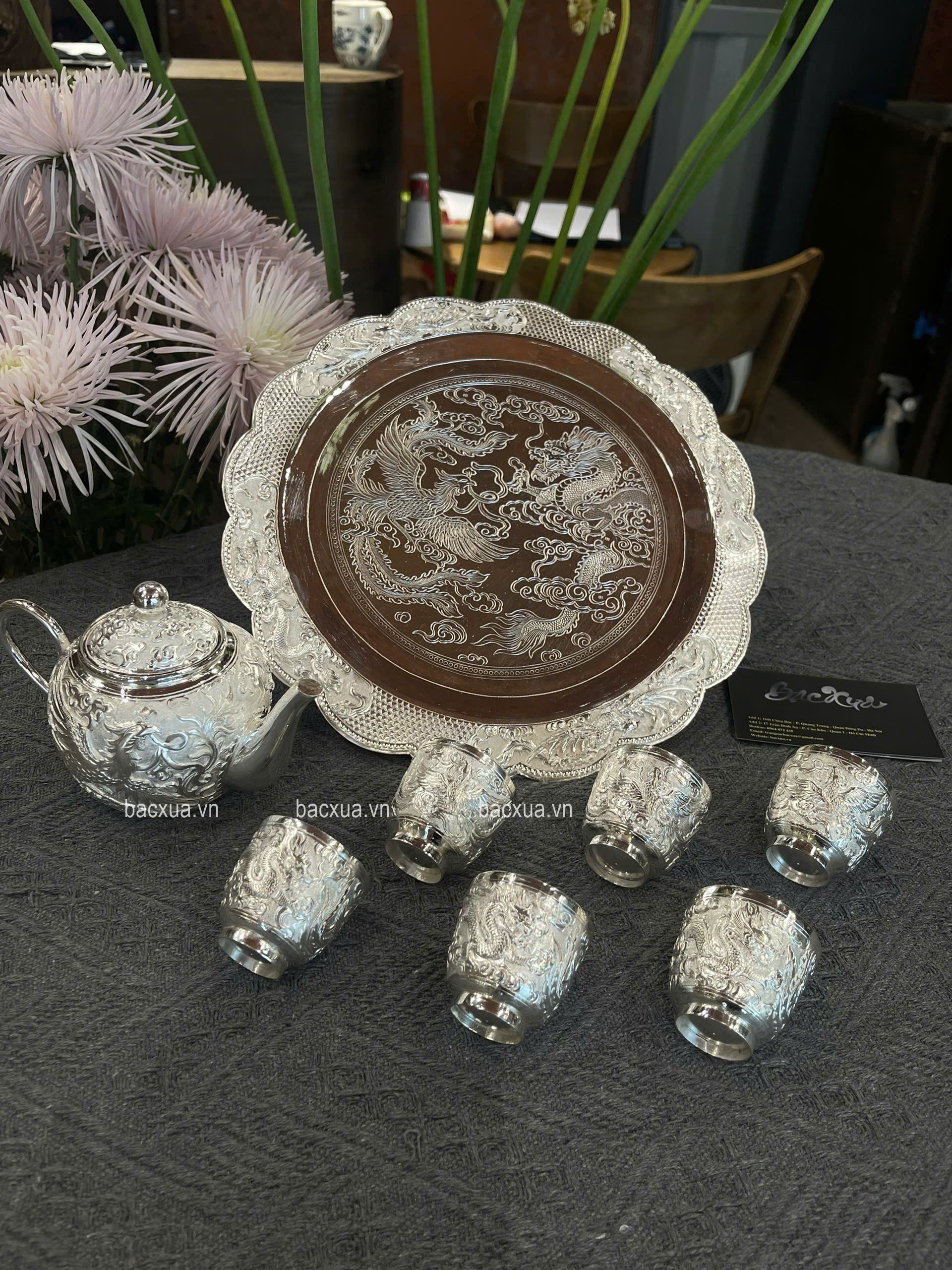 Bộ ấm chén Rồng Phượng chạm thủ công bạc nguyên chất