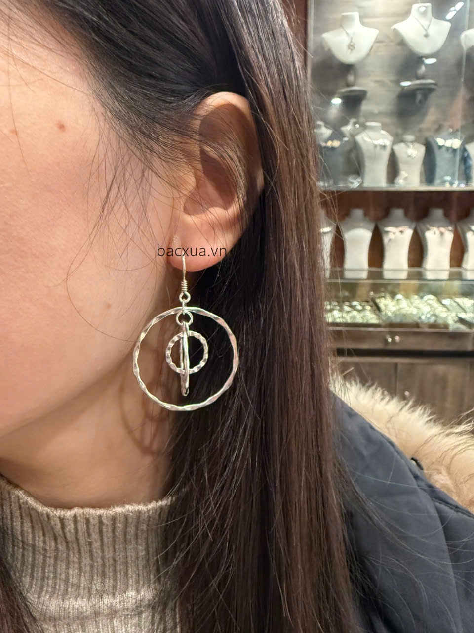 Khuyên móc 3 vòng bạc nguyên chất 99