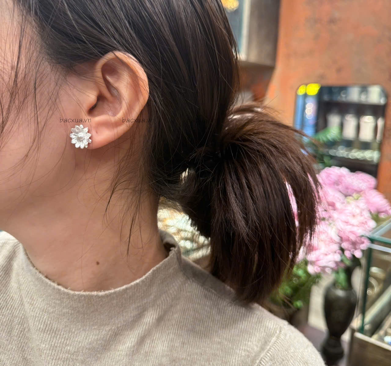 Khuyên tai hoa cúc Daisy bạc nguyên chất