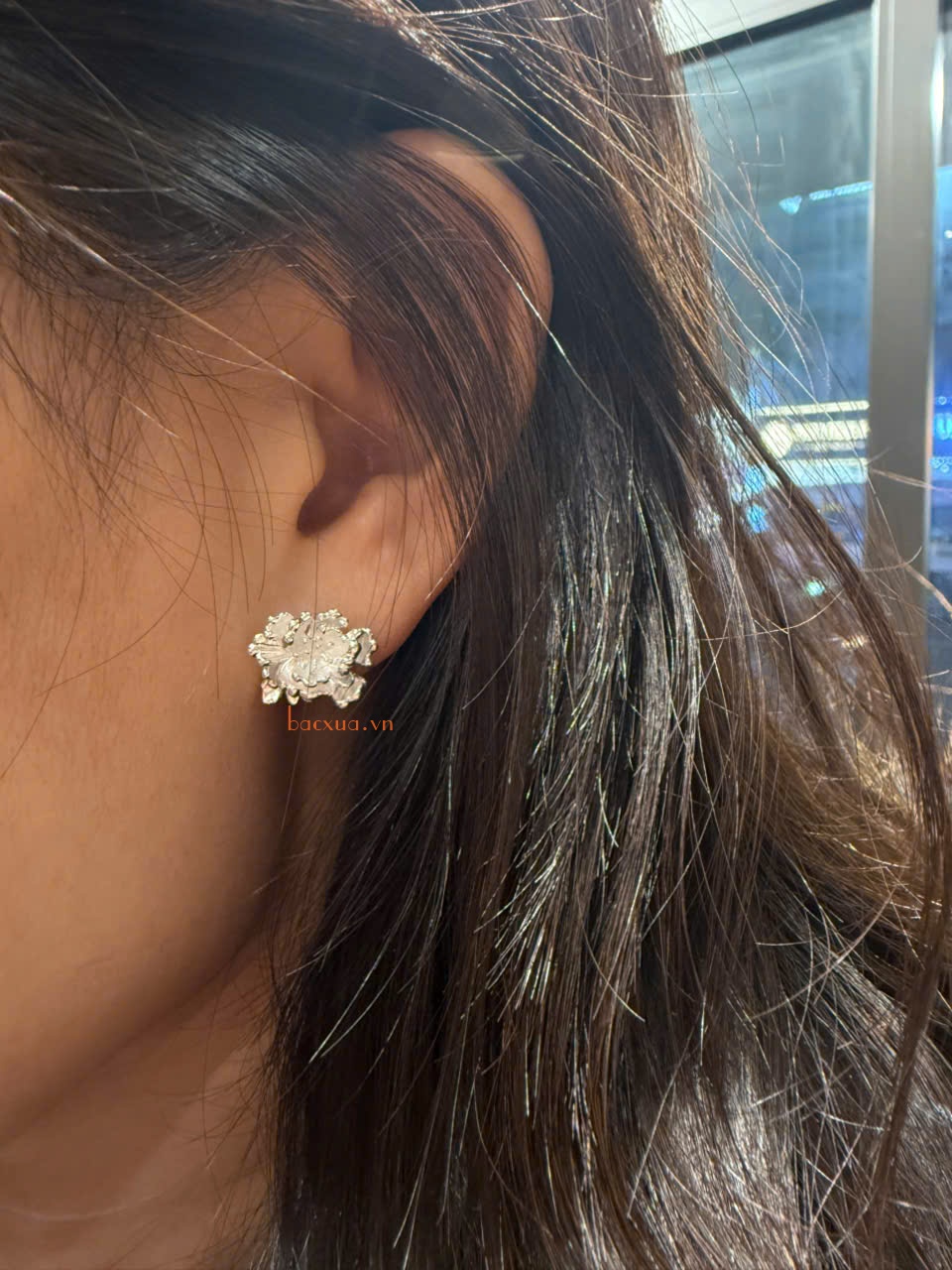 Khuyên tai hoa mẫu đơn kiểu 02 bạc nguyên chất 99