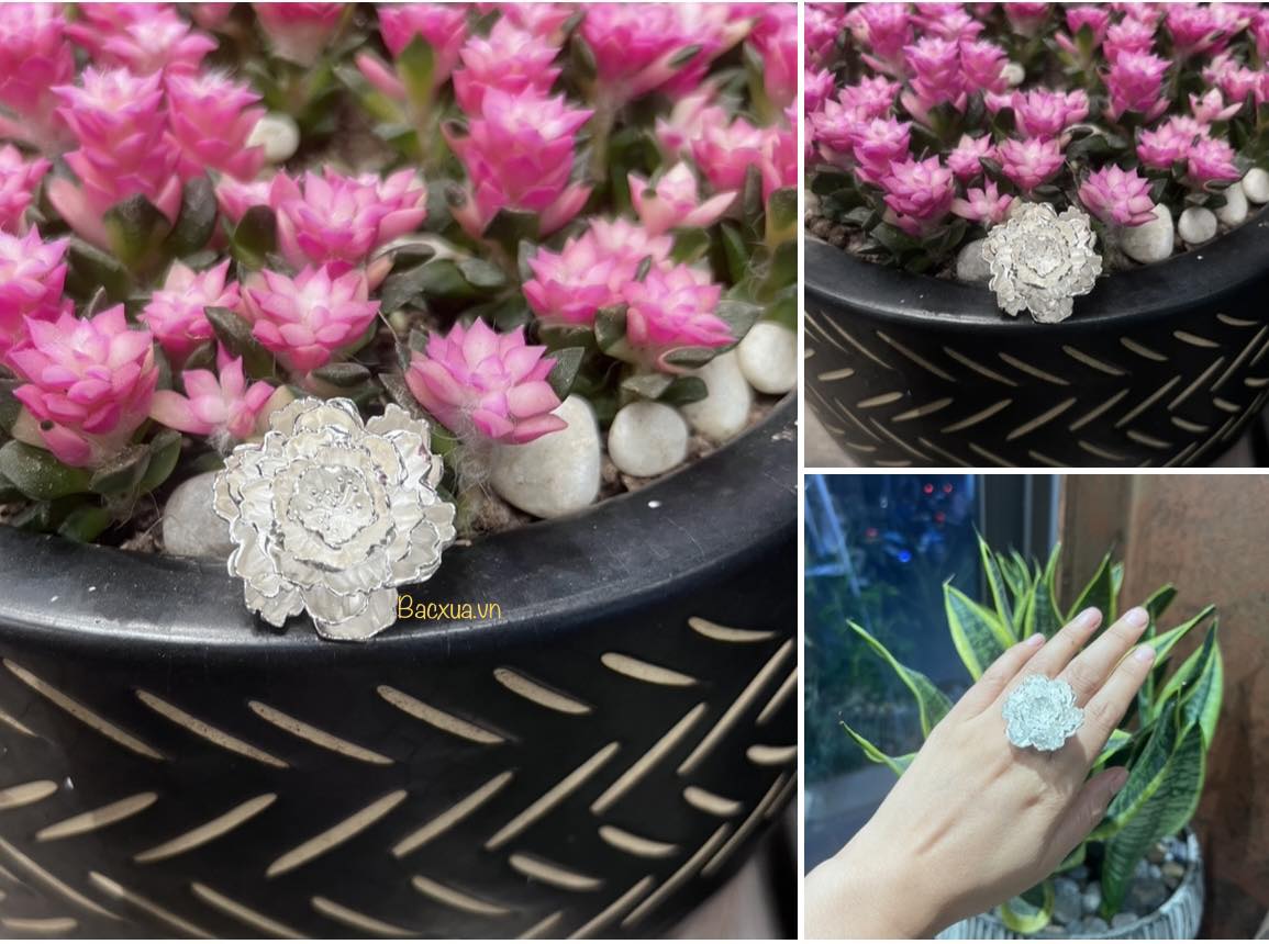 Nhẫn hoa mẫu đơn 3d nhiều tầng bạc nguyên chất