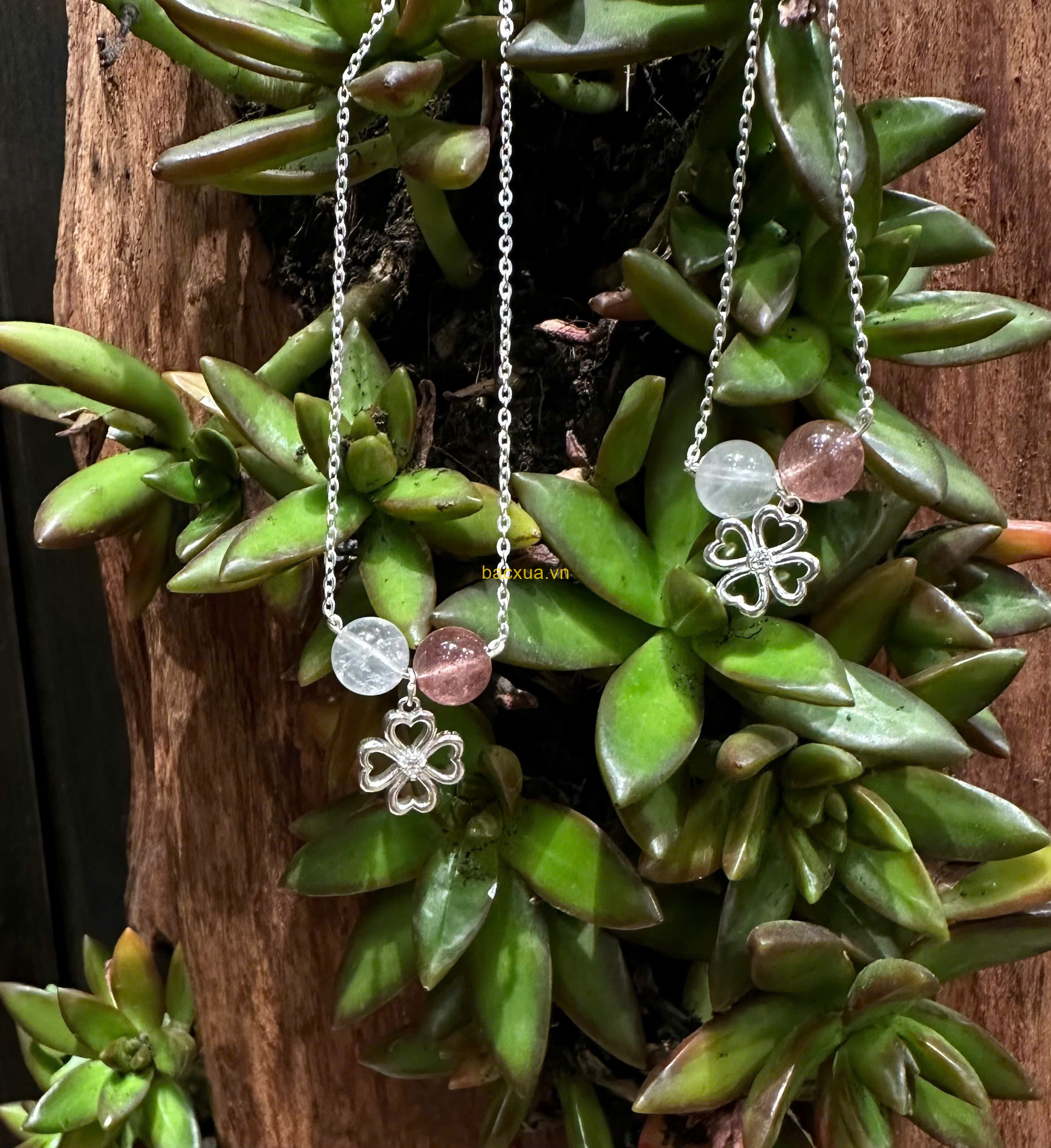 dây chuyền đá thạch anh cỏ 4 lá bạc nguyên chất 99