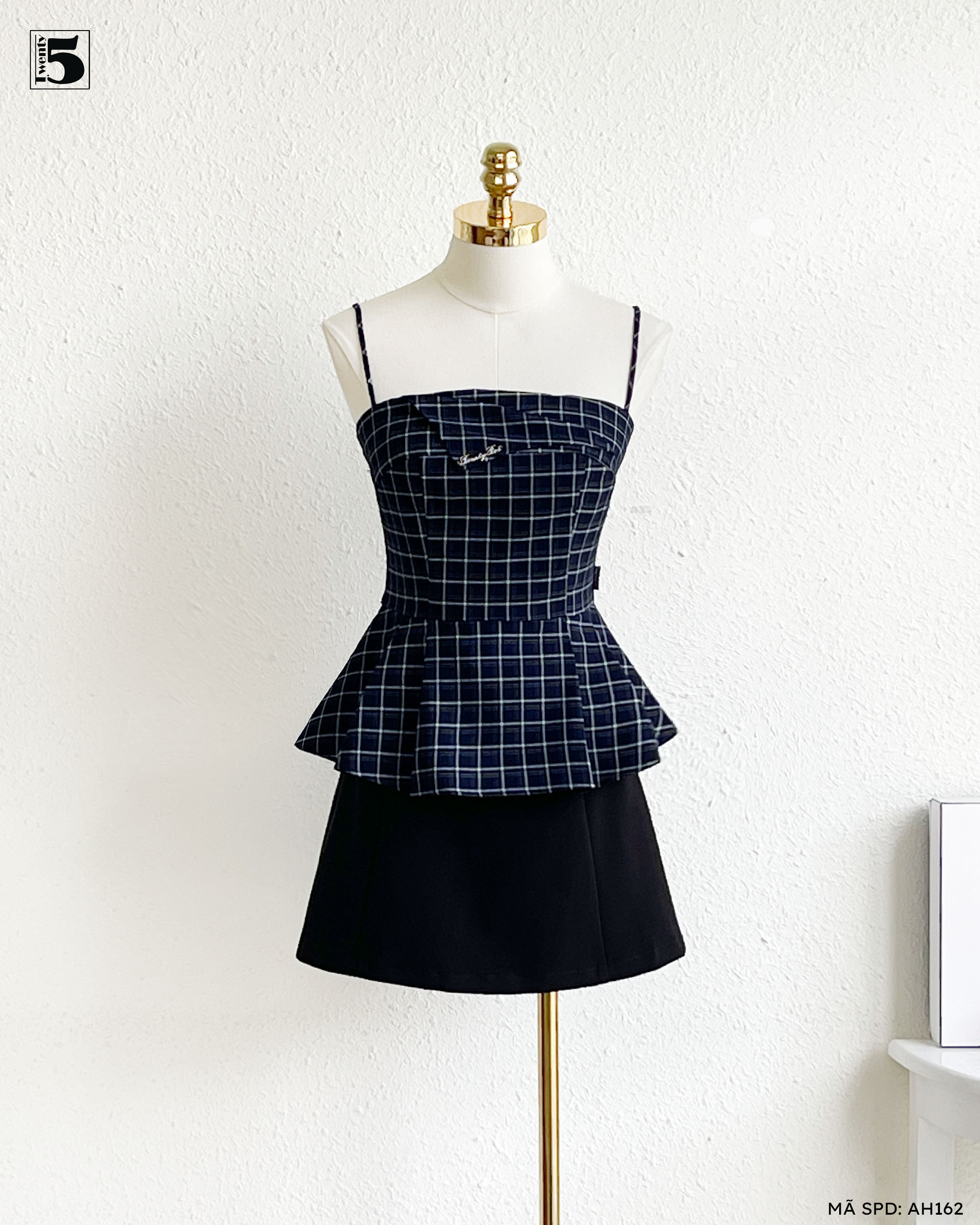 Áo hai dây AH162-369 họa tiết caro xanh trẻ trung form peplum chiết eo tôn dáng