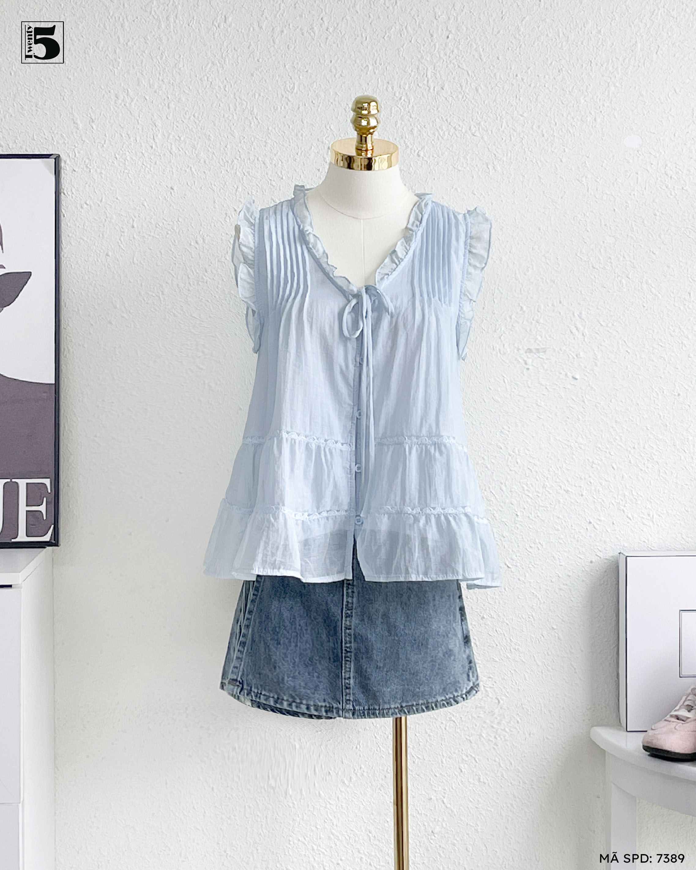Áo kiểu ngắn tay 7389-379 dáng babydoll phối viền bèo nữ tính, ngọt ngào