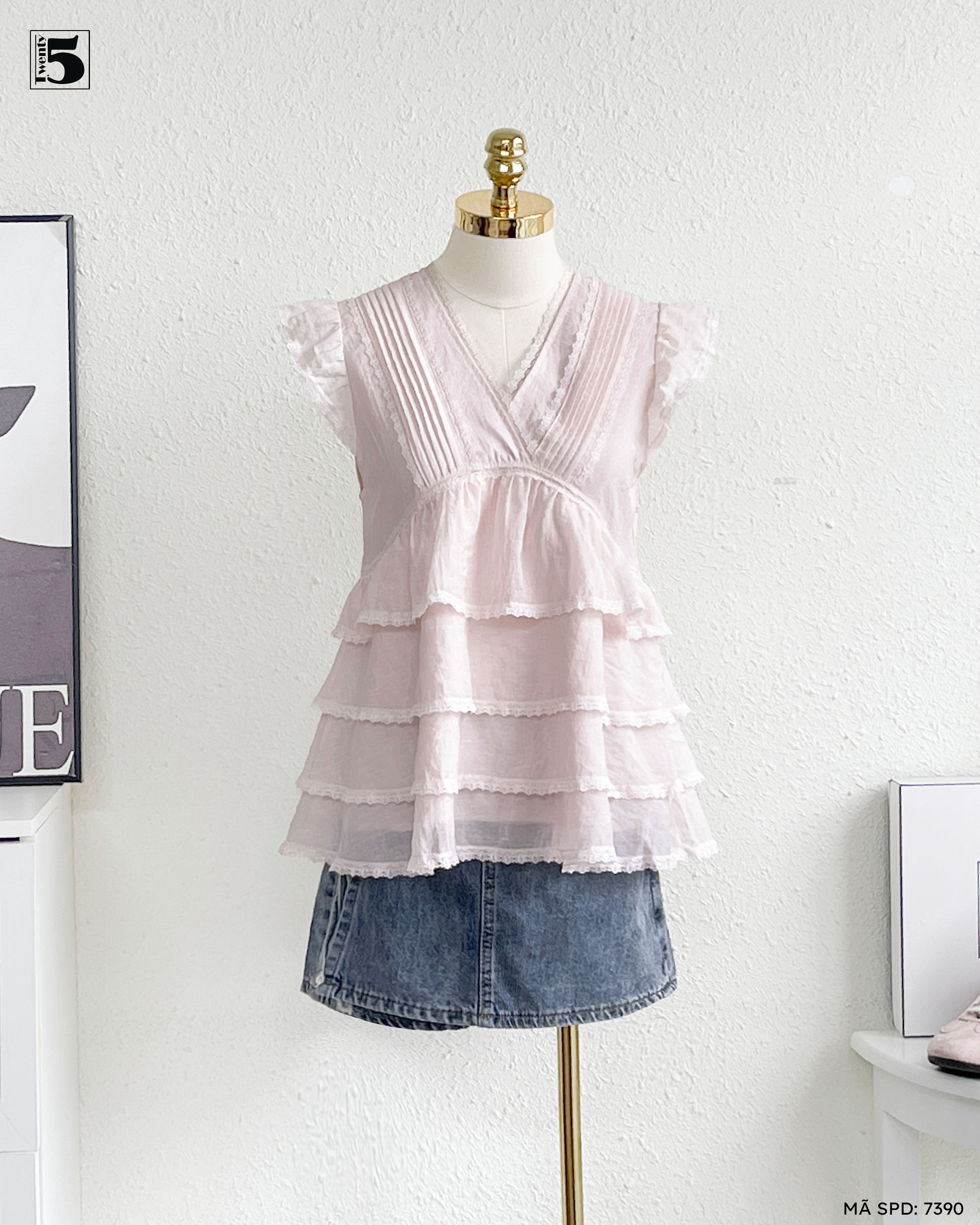 Áo kiểu ngắn tay 7390-439 dáng babydoll bèo xếp tầng điệu đà nữ tính