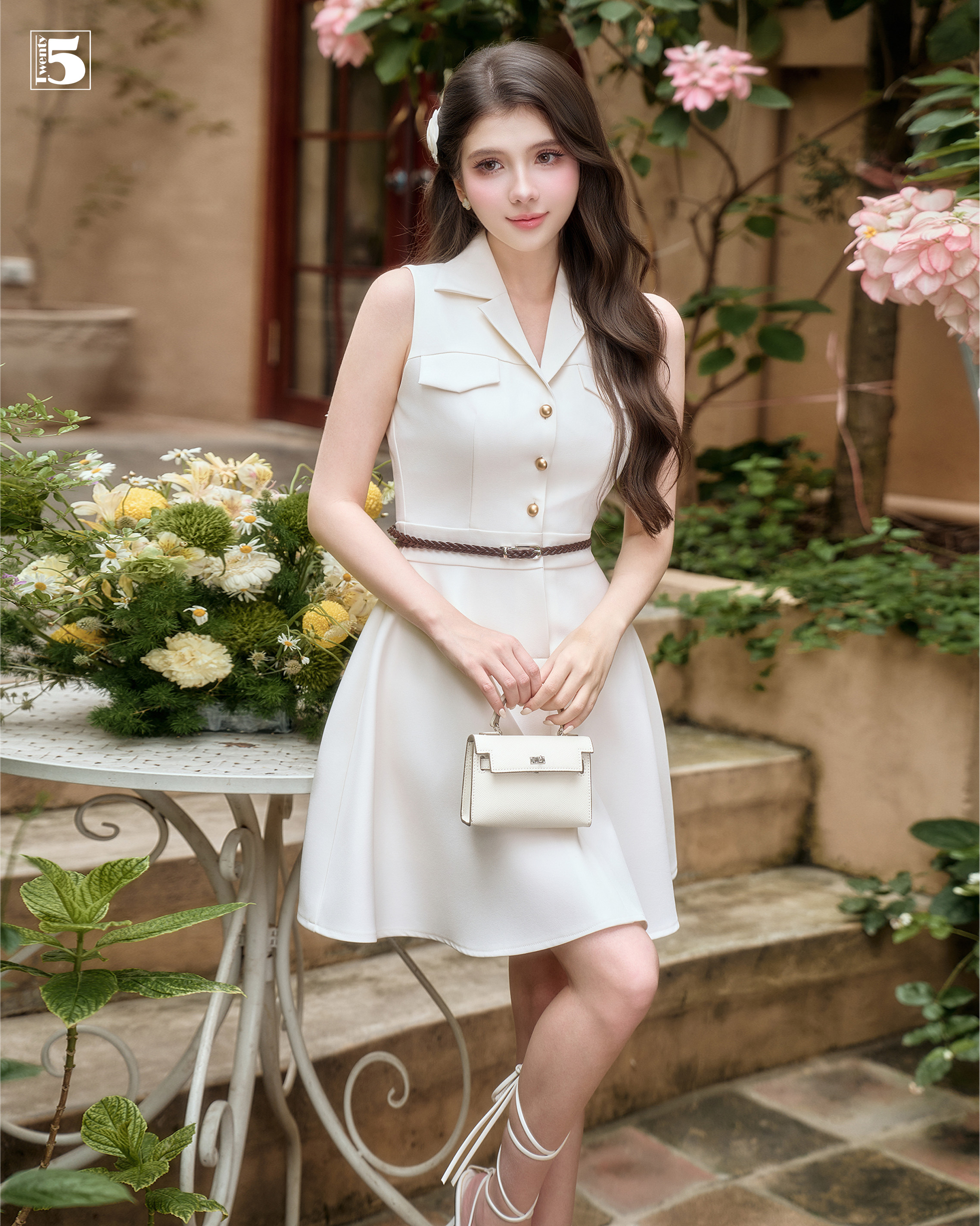 Đầm ngắn tay DL113-589 cổ vest kèm đai thắt eo tôn dáng, thanh lịch