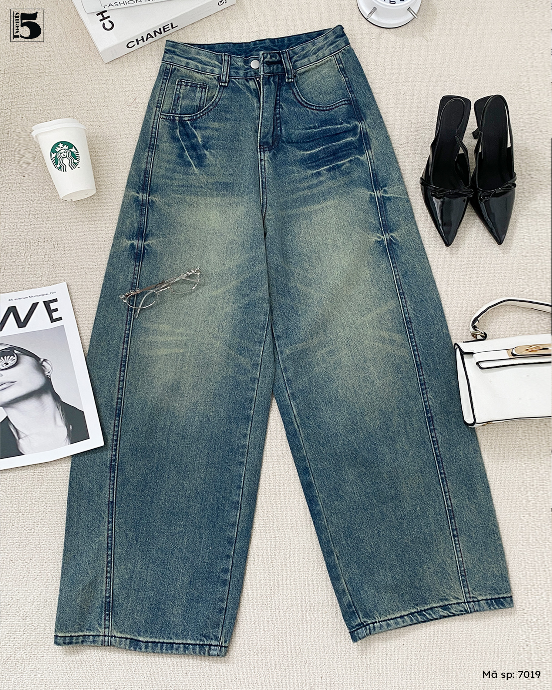 Quần jeans 7019-499 - Quần jeans ống rộng màu mài năng động, trẻ trung