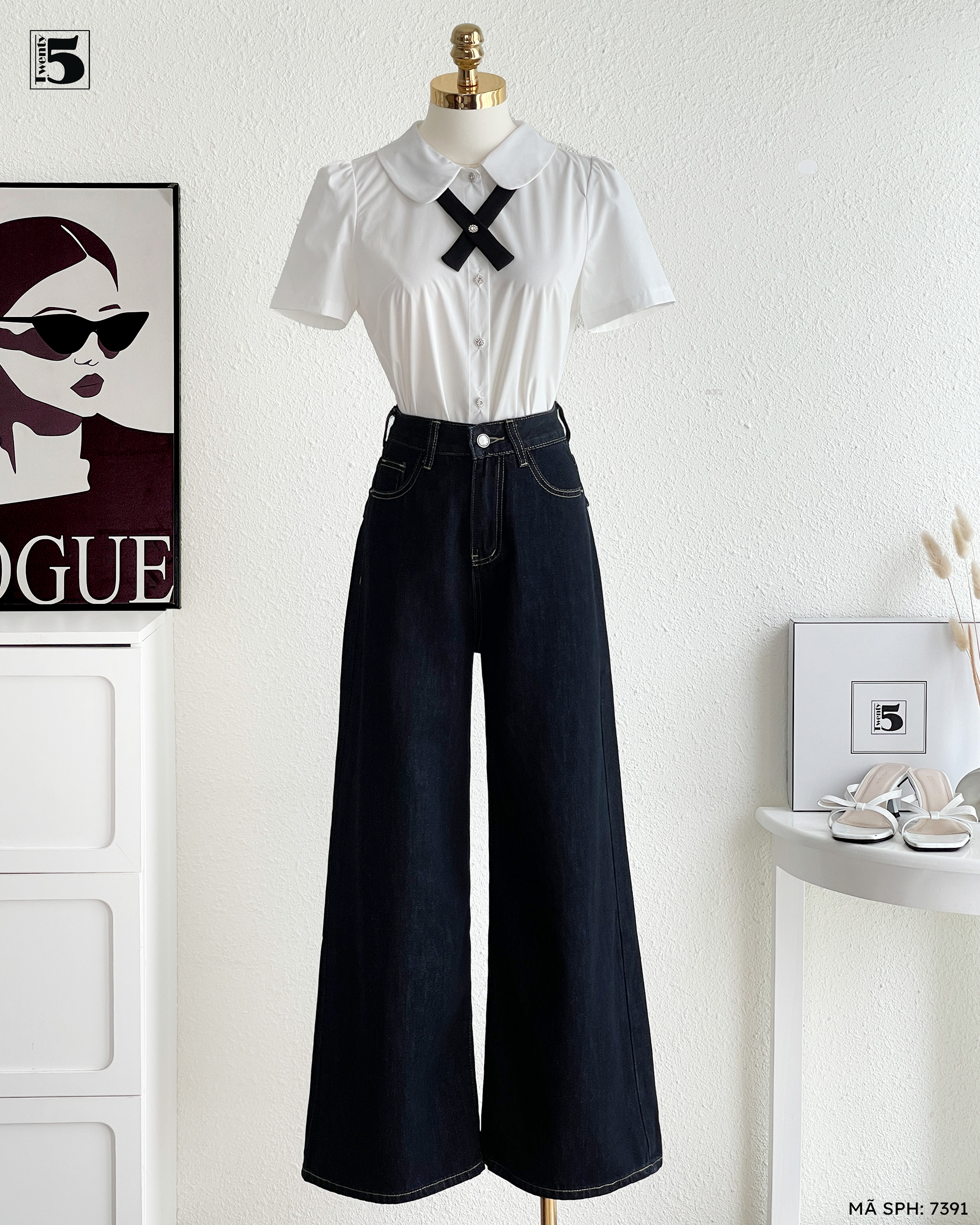 Quần jeans 7391-499 ống rộng lưng cao màu xanh đậm