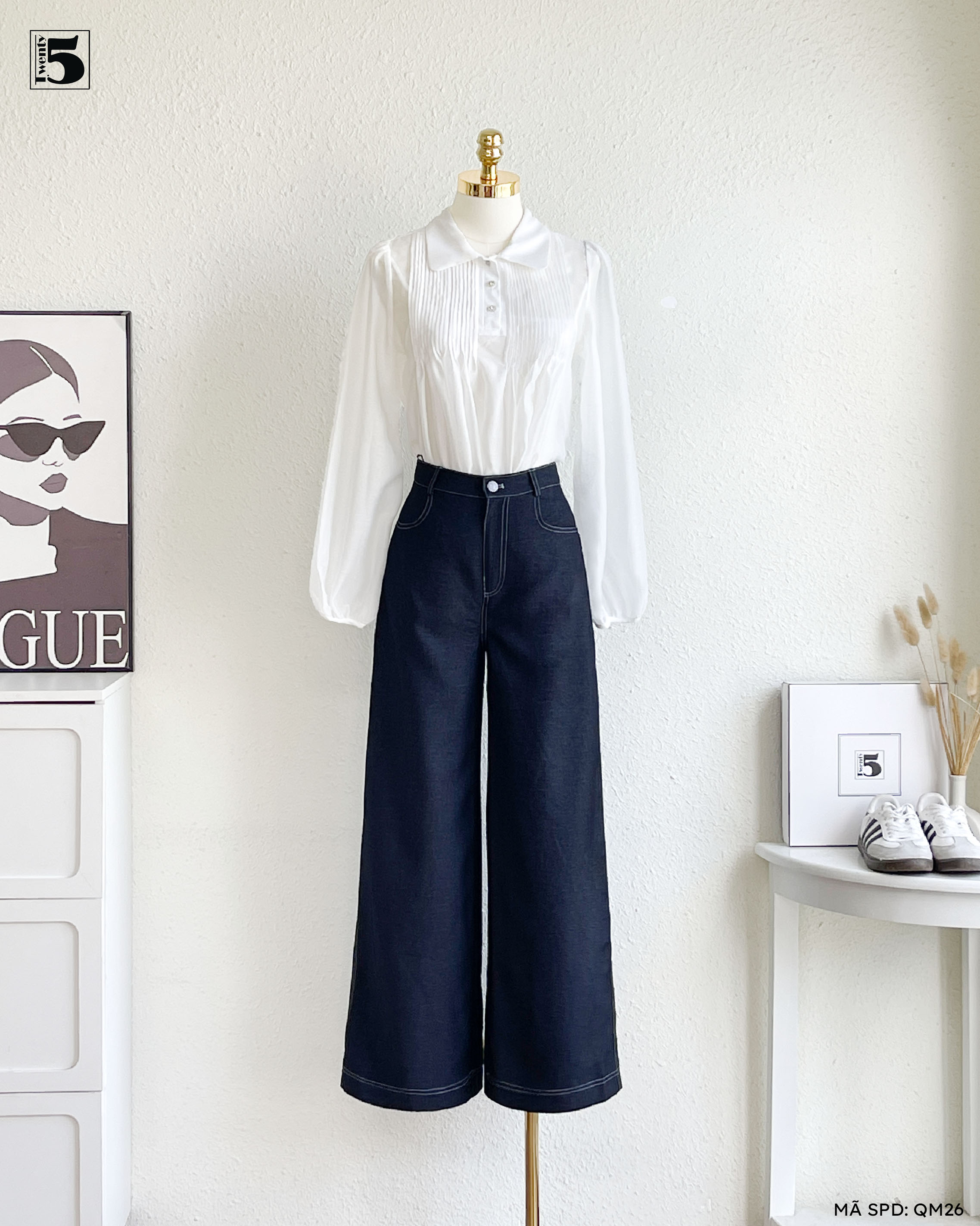 Quần jeans QM26-479 ống suông màu xanh đậm cạp cao tôn dáng