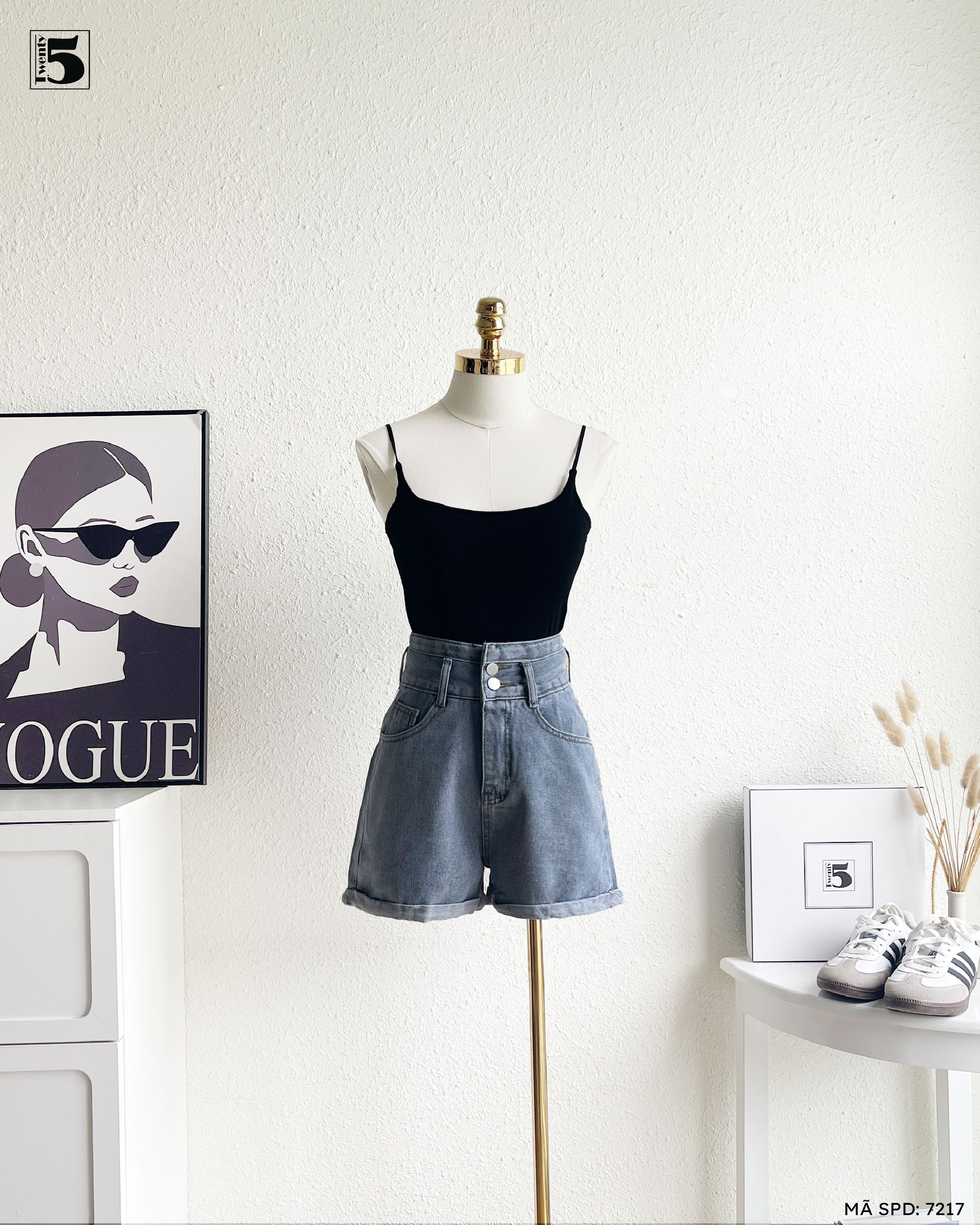 Quần short jeans 7217-289 cạp cao, cúc đôi trẻ trung, năng động