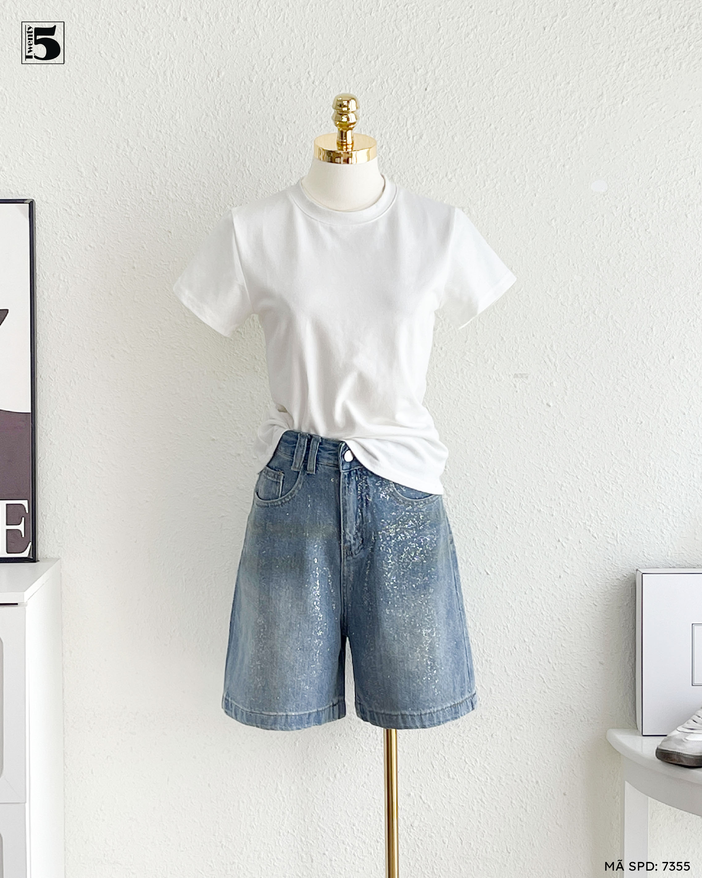 Quần short jeans 7355-389 dáng basic cạp cao tôn dáng màu xanh