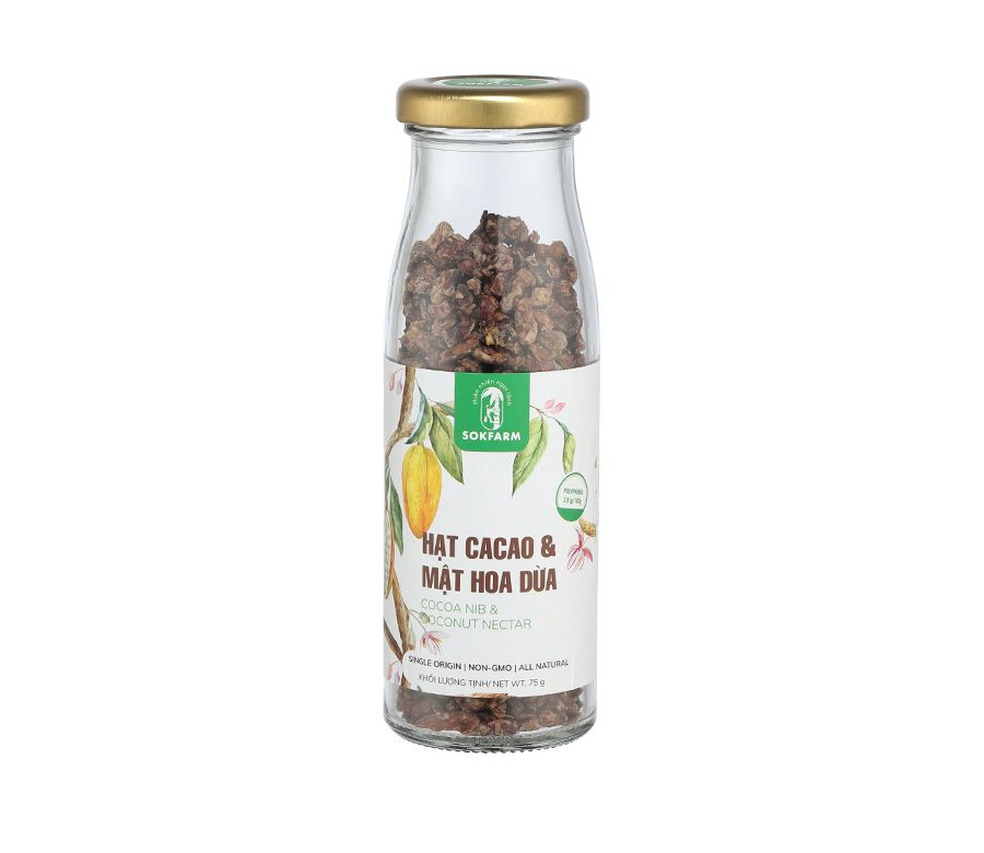 Hạt cacao & Mật hoa dừa Sokfarm đặc sản Trà Vinh (Chai 75g)