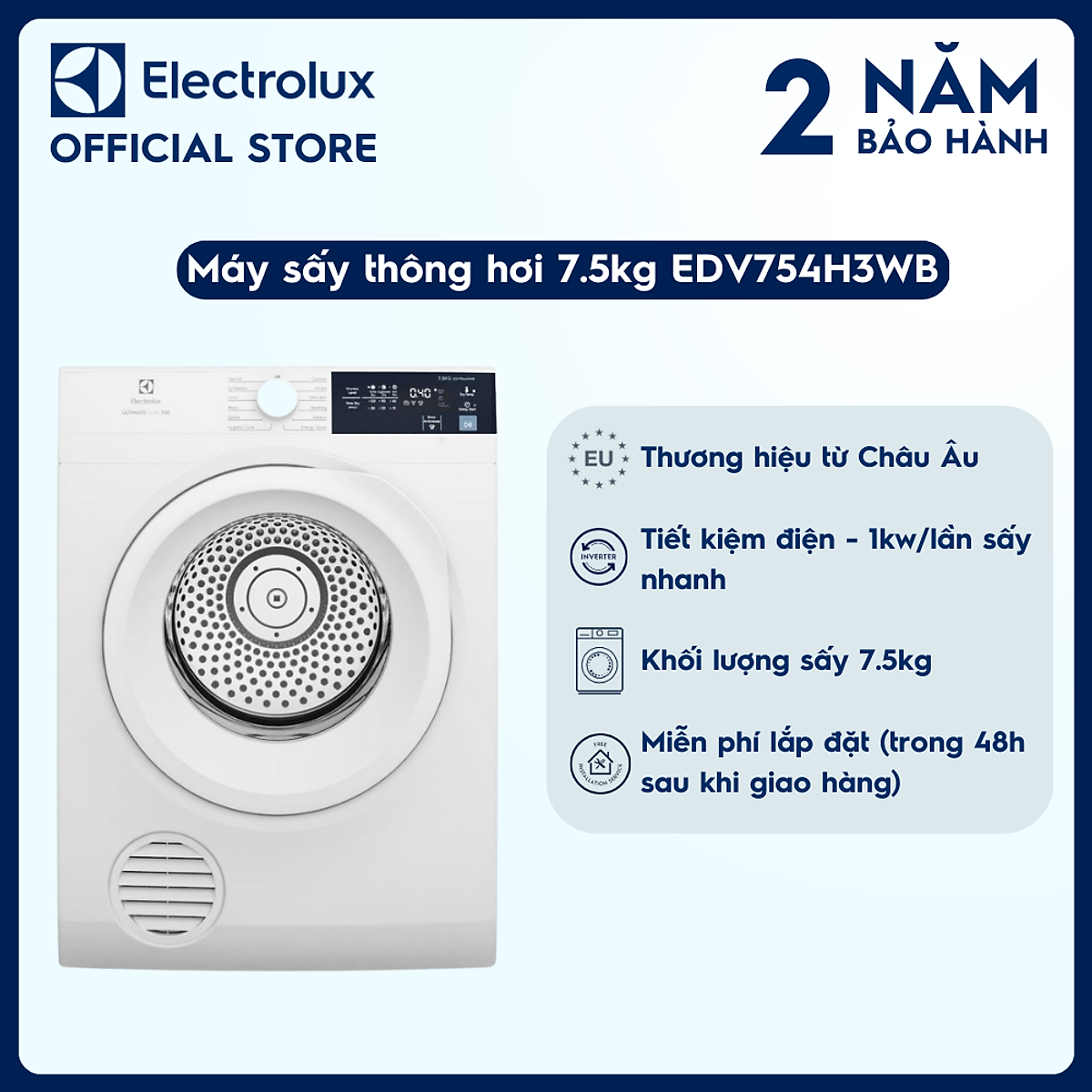 Máy sấy thông hơi Electrolux UltimateCare 7.5 kg EDV754H3WB