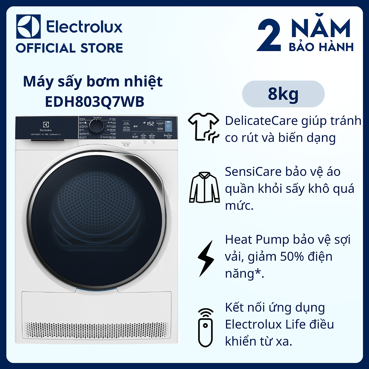 Máy sấy bơm nhiệt Electrolux UltimateCare 8 kg EDH803Q7WB