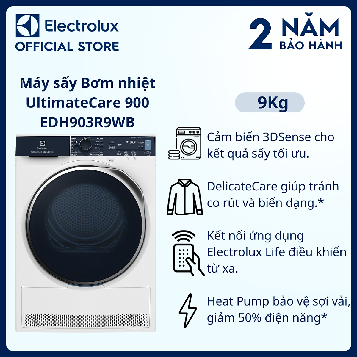 Máy sấy bơm nhiệt Electrolux UltimateCare 9 kg EDH903R9WB