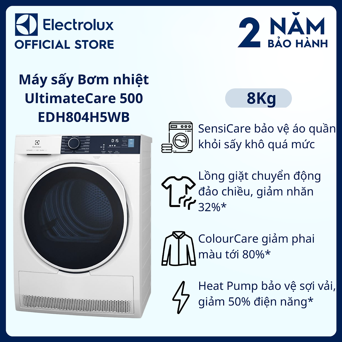 Máy sấy bơm nhiệt Electrolux UltimateCare 8 kg EDH804H5WB