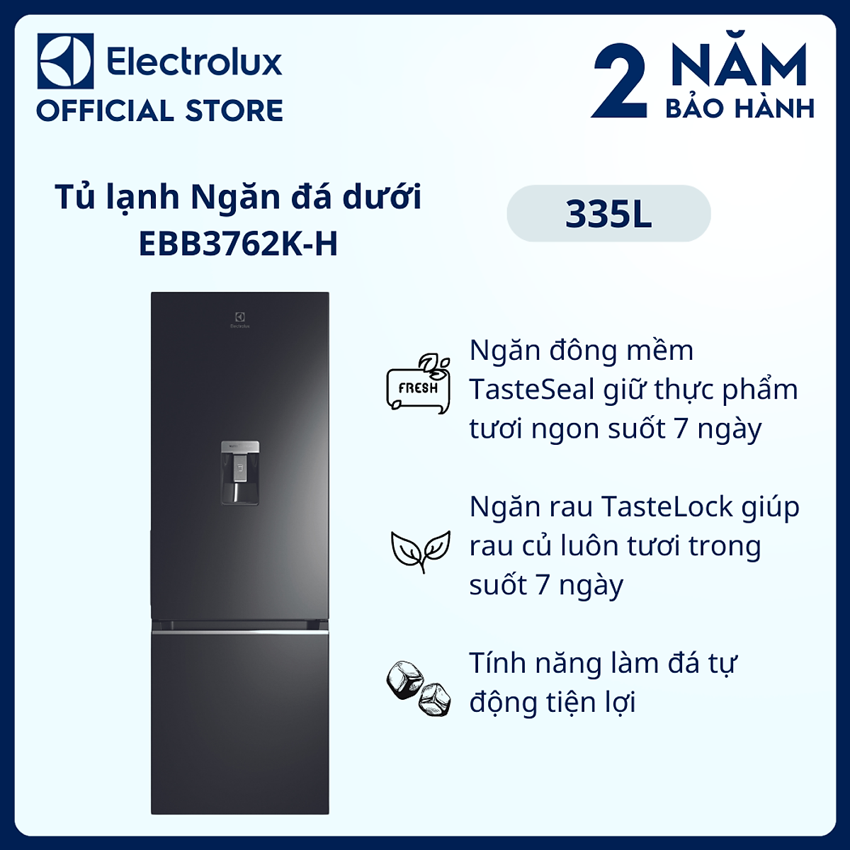 Tủ lạnh Electrolux Inverter 335 Lít EBB3762K-H