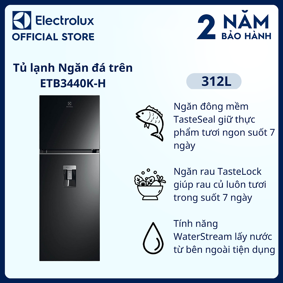 Tủ lạnh Electrolux Inverter 312 lít ETB3440K-H