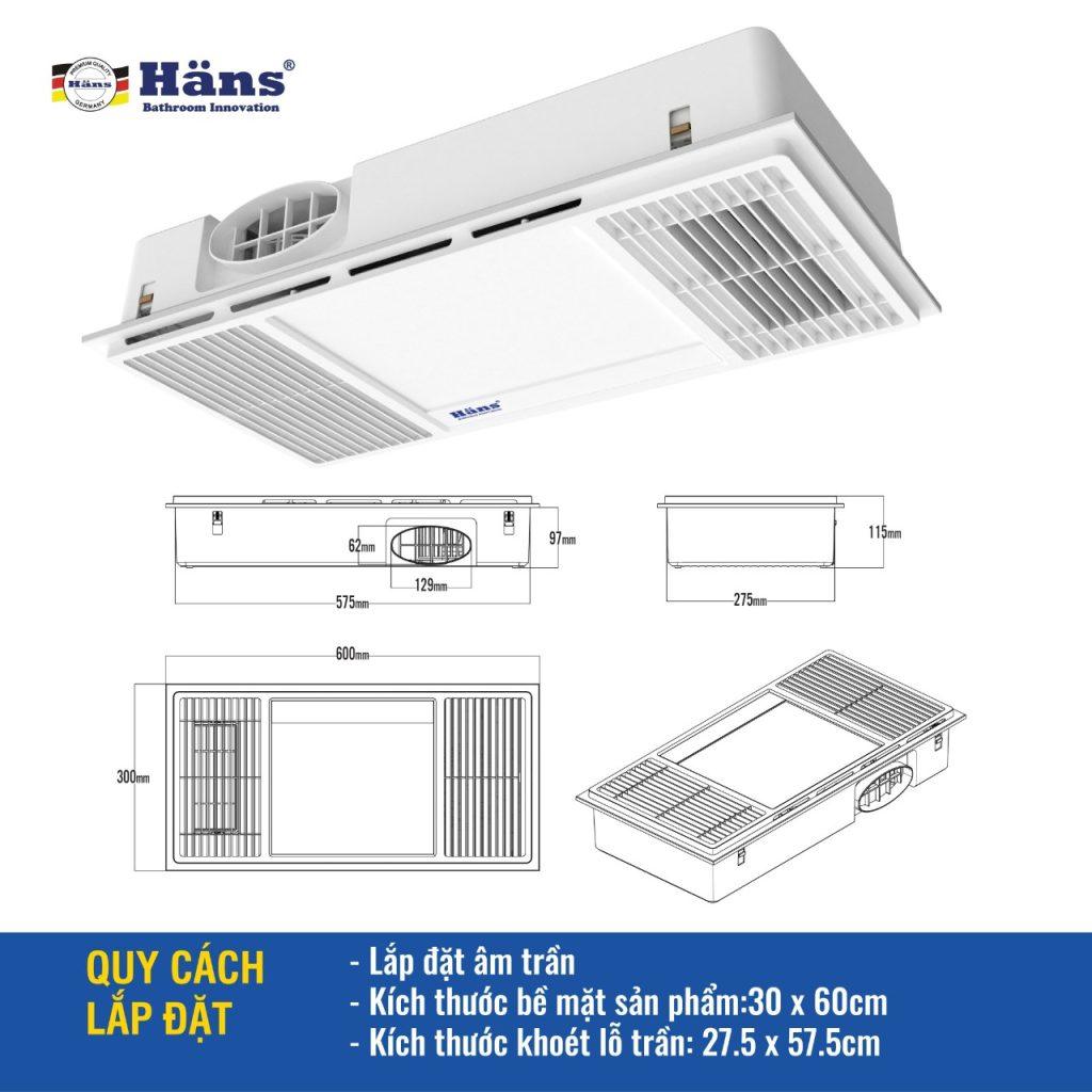 Quạt Sưởi Hans HA2 Âm Trần Tích Hợp Đèn Led