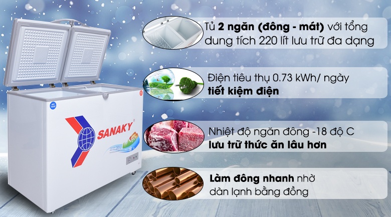 Tủ đông Sanaky 220 lít 2 chế độ VH-2899W1