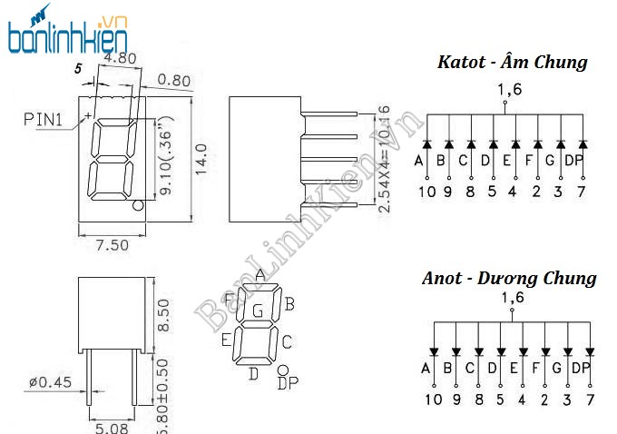 Led 7 0.36 1 Số Katot (Sáng Đỏ)