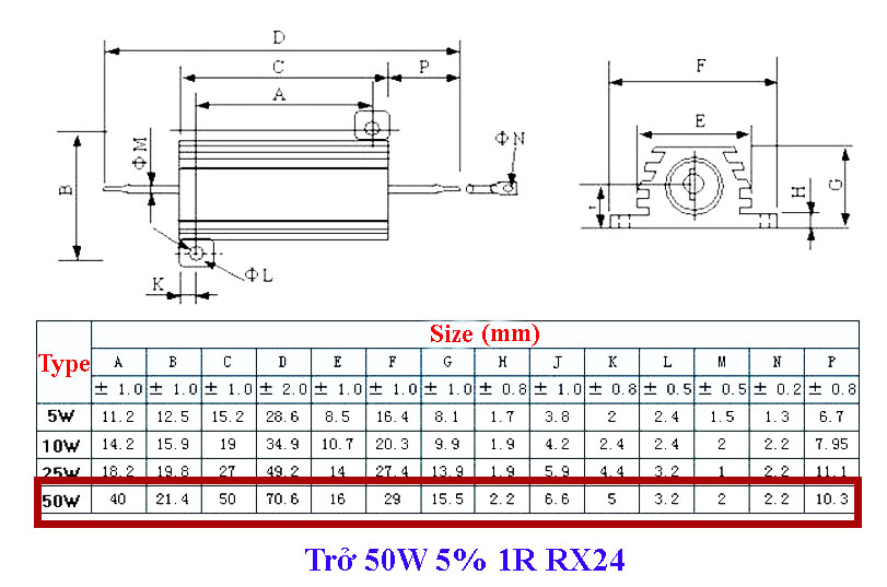 Trở Nhôm 50W 5% 1R RX24