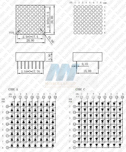 Led Matrix 8x8 1.9MM 20x20MM Anot 1 Màu Sáng Đỏ