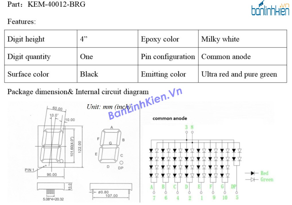 Led 7 4.0 1 Số Anot 2 Màu Xanh Đỏ