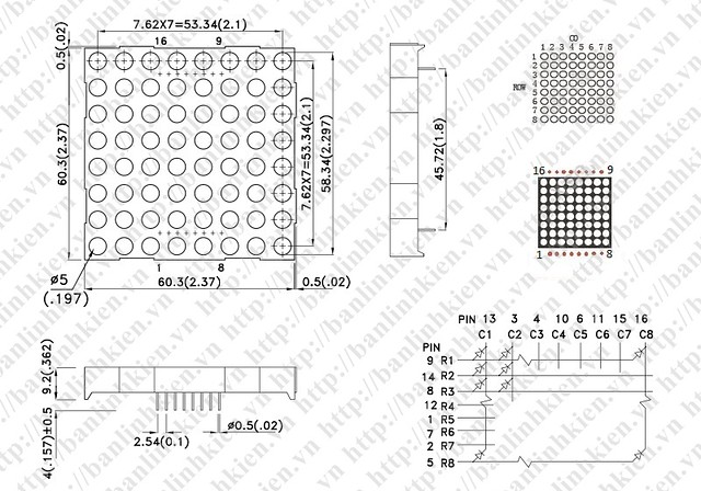 Led Matrix 8x8 60x60MM F5-1R ( 1 Mầu Đỏ - Anot) 16 Chân