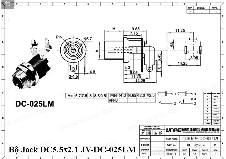 Bộ Jack DC5.5x2.1 JV-DC-025LM