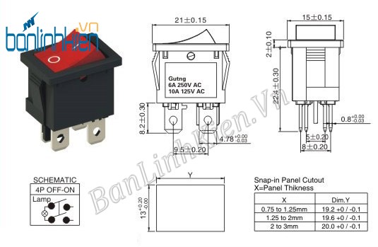 Công Tắc Bập Bênh 6A 250V KCD1-104R (Màu Đỏ)