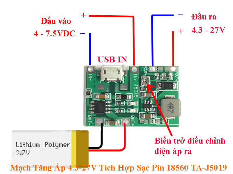 Mạch Tăng Áp 4.3-27V Tích Hợp Sạc Pin 18560 TA-J5019