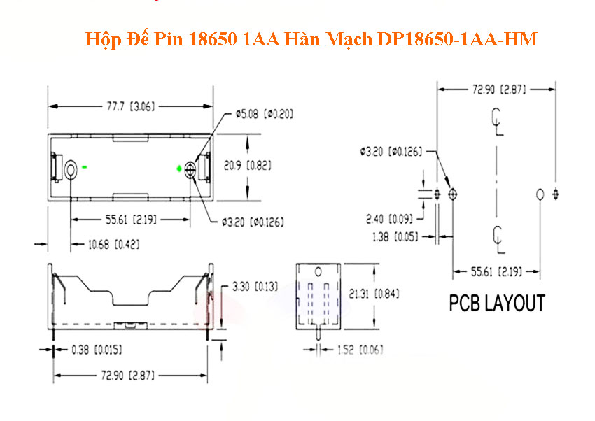 Hộp Đế Pin 18650 1AA Hàn Mạch DP18650-1AA-HM