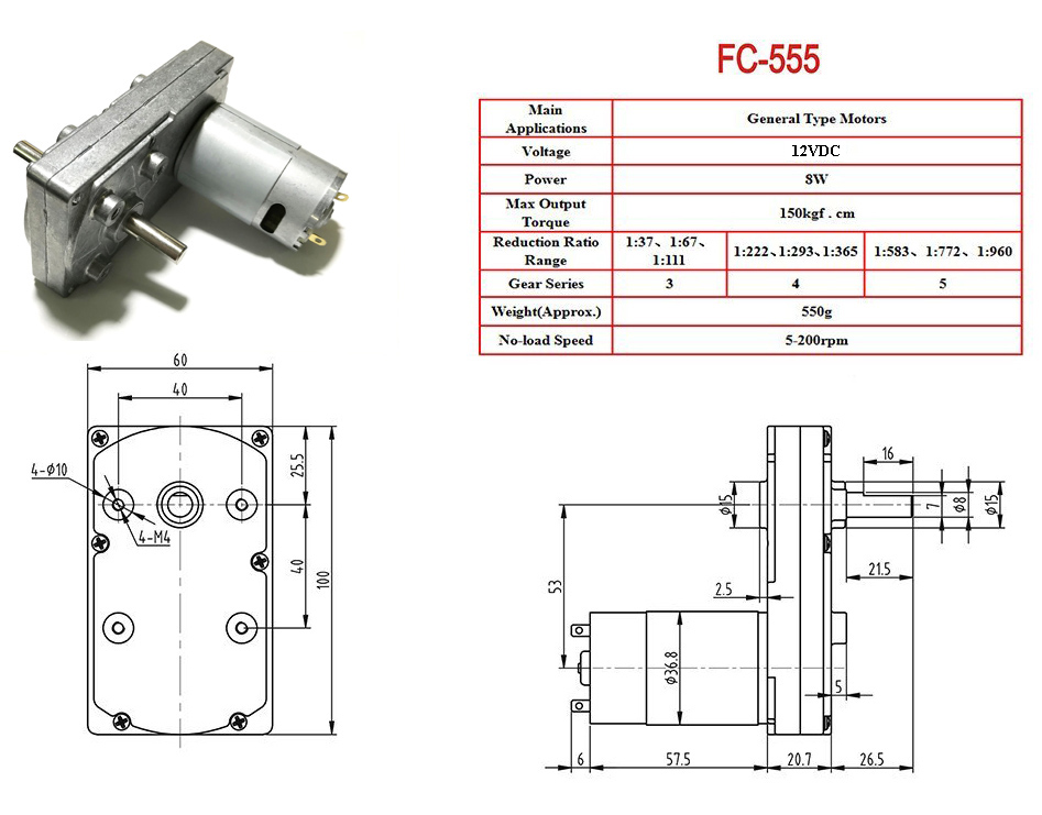 Động Cơ Giảm Tốc 12V4.7RPM 10Nm FC555-12V4.7RPM